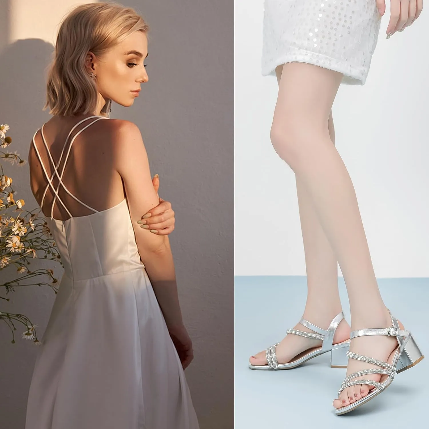 DADAWEN Women's Strappy Open Toe Rhinestone Low Block Chunky Heels Sandals Ankle Buckle Heeled Sandals Wedding Party Dress Pumps Shoes