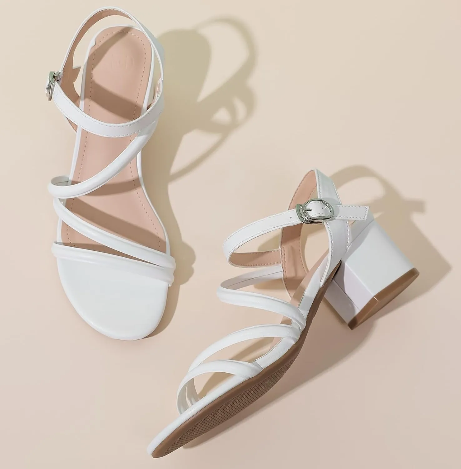 DADAWEN Women's Strappy Open Toe Rhinestone Low Block Chunky Heels Sandals Ankle Buckle Heeled Sandals Wedding Party Dress Pumps Shoes
