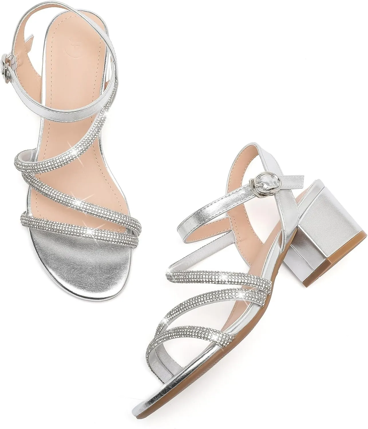 DADAWEN Women's Strappy Open Toe Rhinestone Low Block Chunky Heels Sandals Ankle Buckle Heeled Sandals Wedding Party Dress Pumps Shoes