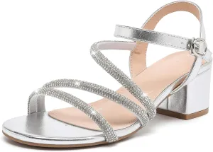 DADAWEN Women's Strappy Open Toe Rhinestone Low Block Chunky Heels Sandals Ankle Buckle Heeled Sandals Wedding Party Dress Pumps Shoes
