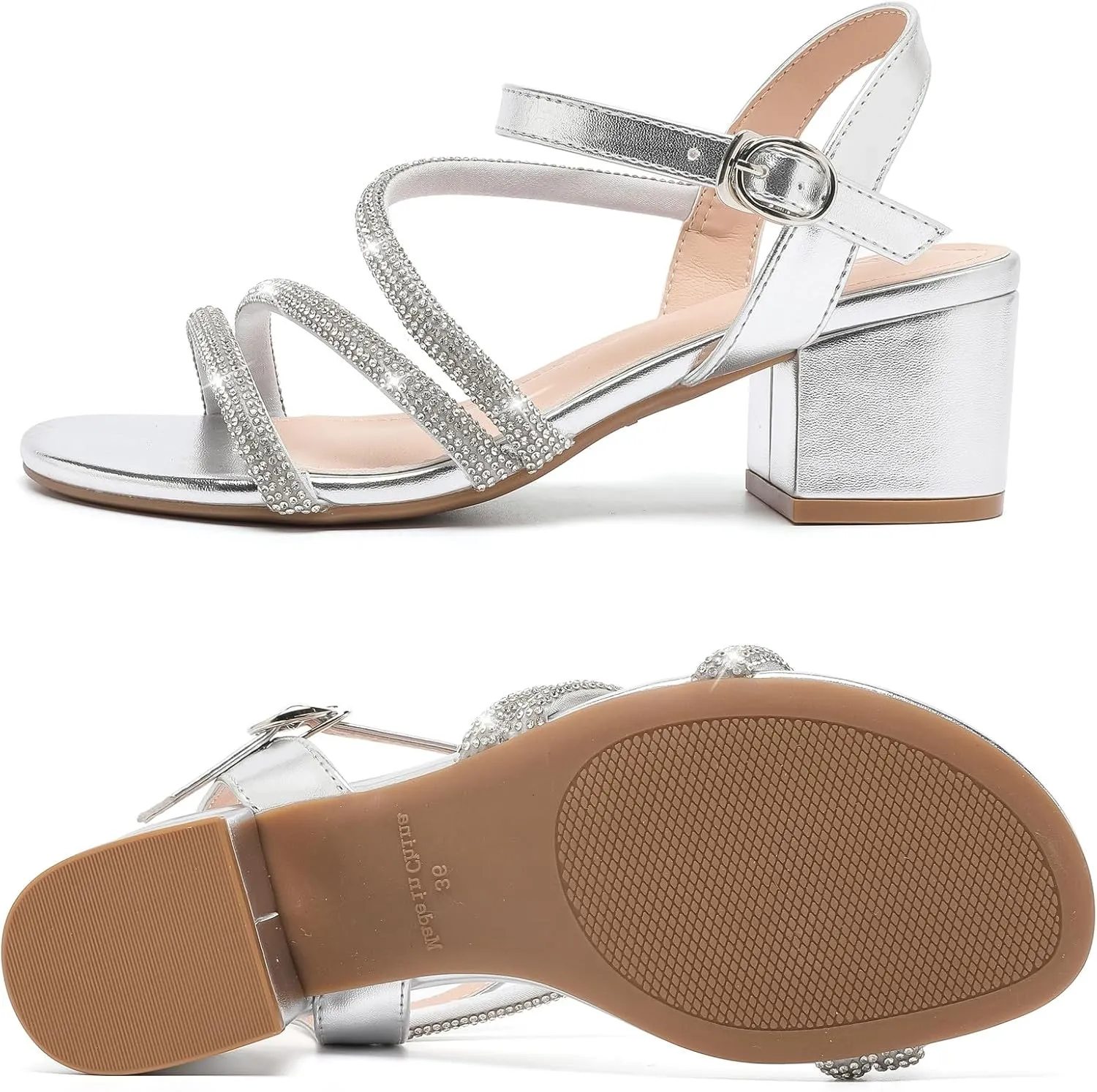 DADAWEN Women's Strappy Open Toe Rhinestone Low Block Chunky Heels Sandals Ankle Buckle Heeled Sandals Wedding Party Dress Pumps Shoes