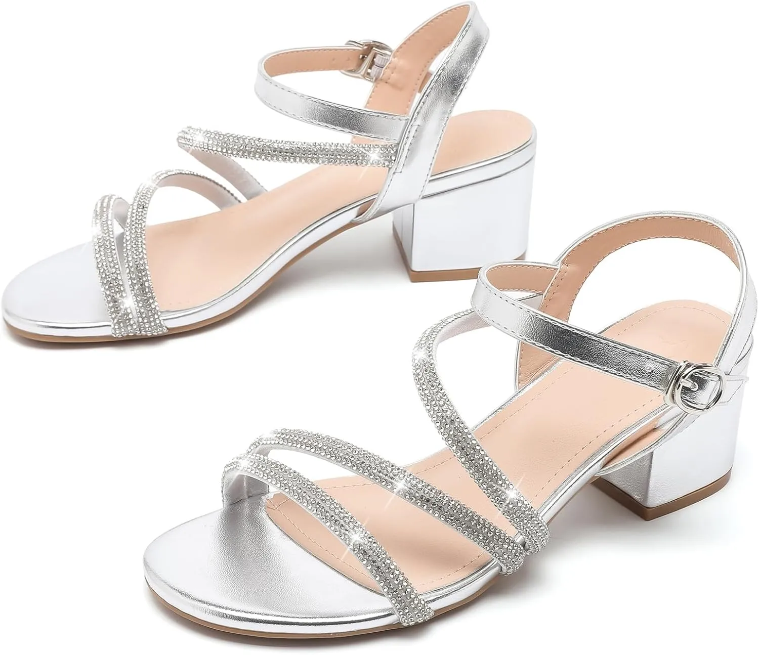 DADAWEN Women's Strappy Open Toe Rhinestone Low Block Chunky Heels Sandals Ankle Buckle Heeled Sandals Wedding Party Dress Pumps Shoes