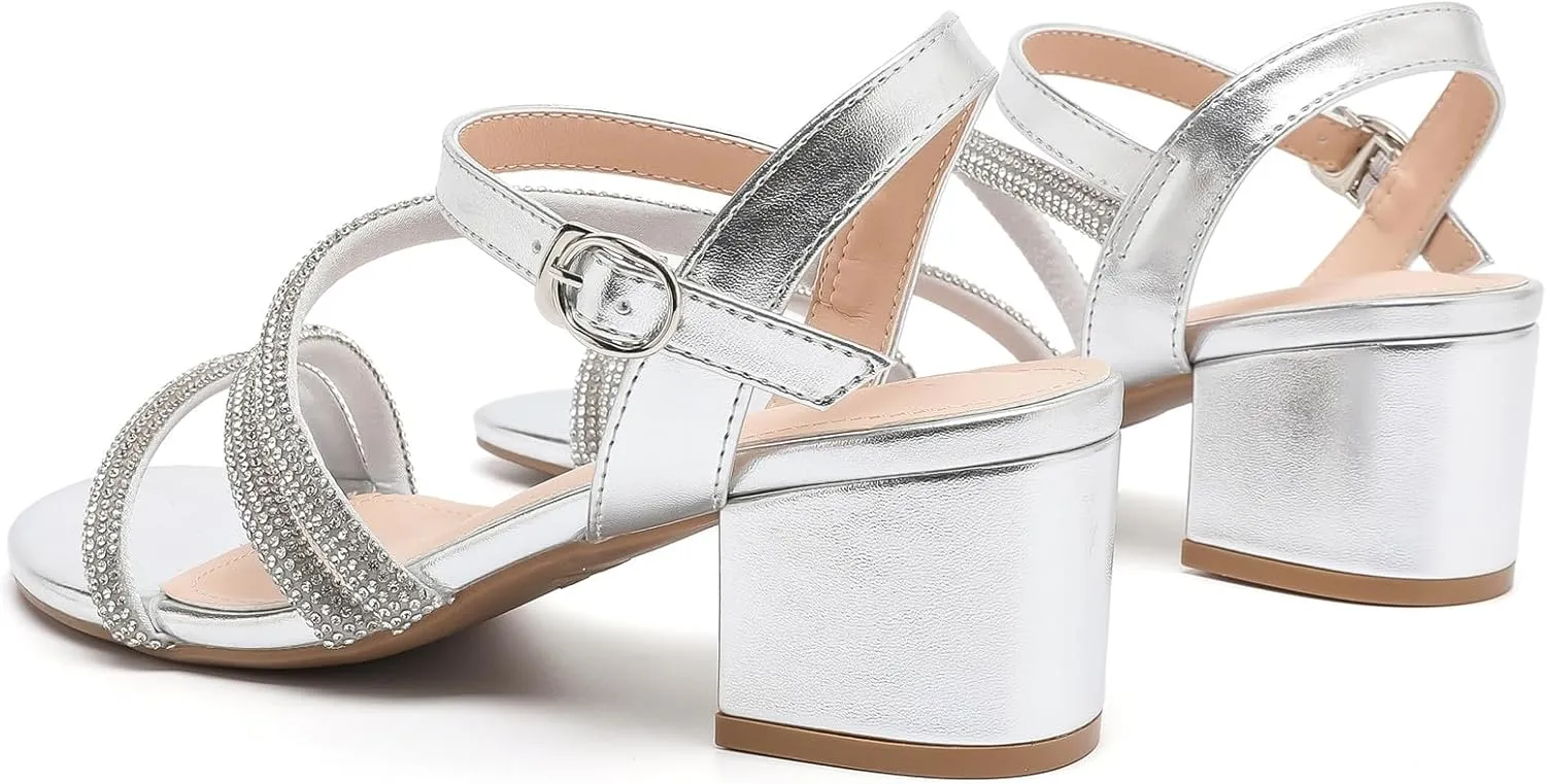 DADAWEN Women's Strappy Open Toe Rhinestone Low Block Chunky Heels Sandals Ankle Buckle Heeled Sandals Wedding Party Dress Pumps Shoes