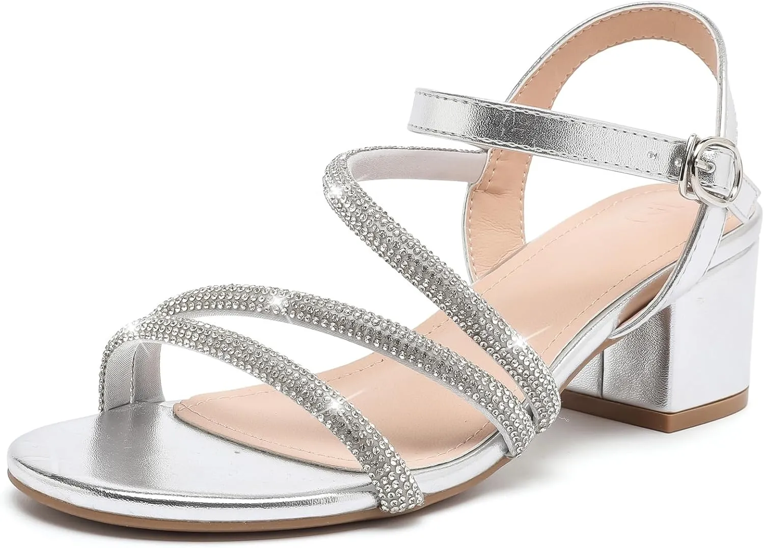 DADAWEN Women's Strappy Open Toe Rhinestone Low Block Chunky Heels Sandals Ankle Buckle Heeled Sandals Wedding Party Dress Pumps Shoes