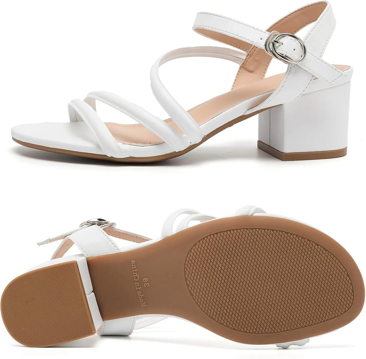 DADAWEN Women's Strappy Open Toe Rhinestone Low Block Chunky Heels Sandals Ankle Buckle Heeled Sandals Wedding Party Dress Pumps Shoes