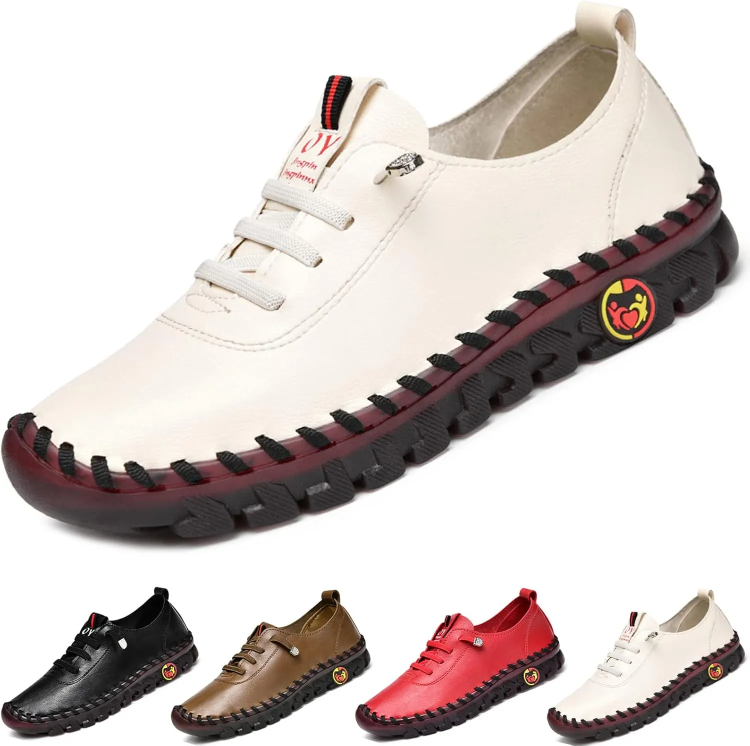 Dimleen Women's Leather Soft Bottom Flat Slip-on Loafers Ultra-Comfy Handmade Cutout Breathable lace-up Non-Slip Walk Orthotic Shoes (White B,8,Women,8)