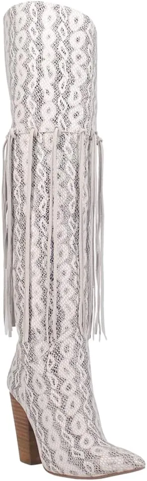 Dingo Womens Kitty Kat Fringe Snip Toe Casual Boots Over the Knee High Heel 3" & Up - White