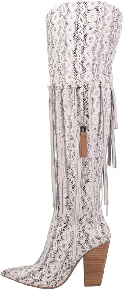 Dingo Womens Kitty Kat Fringe Snip Toe Casual Boots Over the Knee High Heel 3" & Up - White