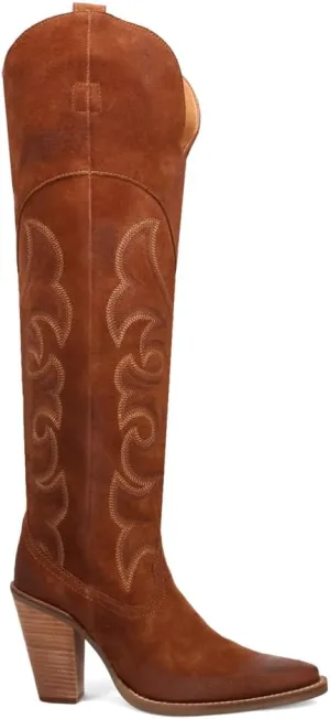Dingo Womens Primadonna Embroidered Snip Toe Zippered Casual Boots Over the Knee High Heel 3" & Up - Brown