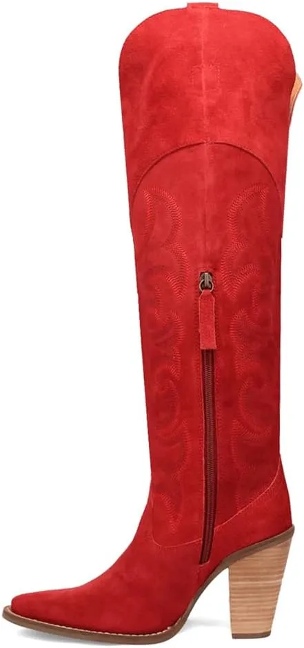 Dingo Womens Primadonna Embroidered Snip Toe Zippered Casual Boots Over the Knee High Heel 3" & Up - Brown
