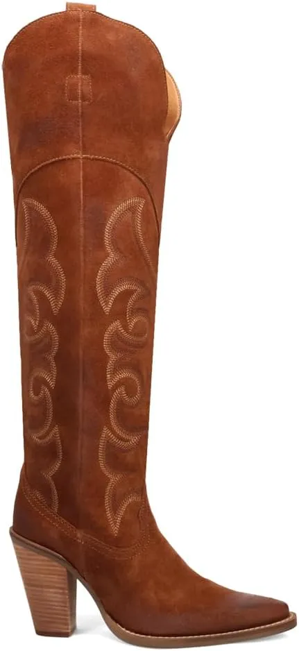 Dingo Womens Primadonna Embroidered Snip Toe Zippered Casual Boots Over the Knee High Heel 3" & Up - Brown
