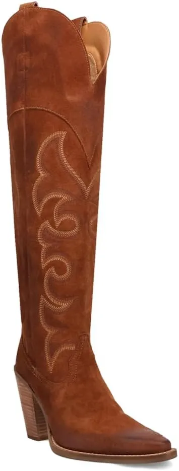 Dingo Womens Primadonna Embroidered Snip Toe Zippered Casual Boots Over the Knee High Heel 3" & Up - Brown