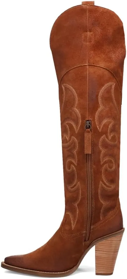 Dingo Womens Primadonna Embroidered Snip Toe Zippered Casual Boots Over the Knee High Heel 3" & Up - Brown