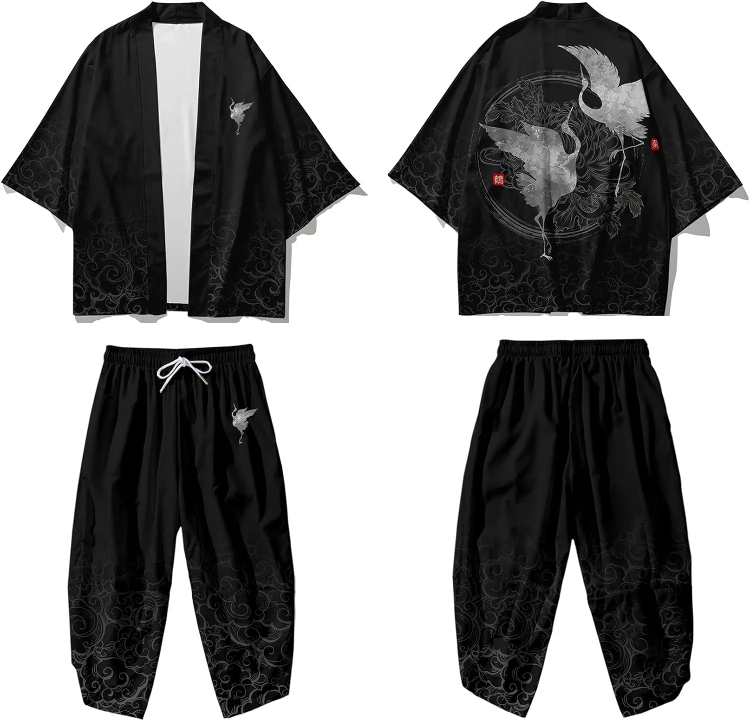 DOSLAVIDA Men's Japanese Kimono Jacket Set Stylish Open Front Coat With Shorts Chinese Style Printed Cardigan Suits
