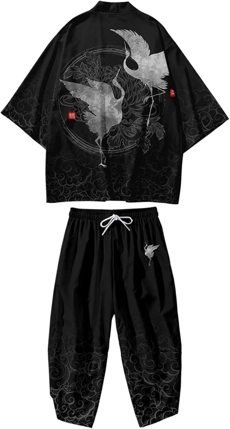 DOSLAVIDA Men's Japanese Kimono Jacket Set Stylish Open Front Coat With Shorts Chinese Style Printed Cardigan Suits