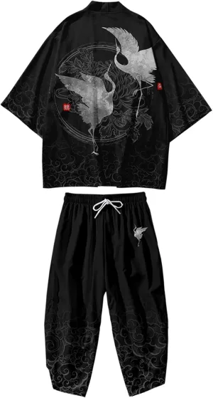 DOSLAVIDA Men's Japanese Kimono Jacket Set Stylish Open Front Coat With Shorts Chinese Style Printed Cardigan Suits