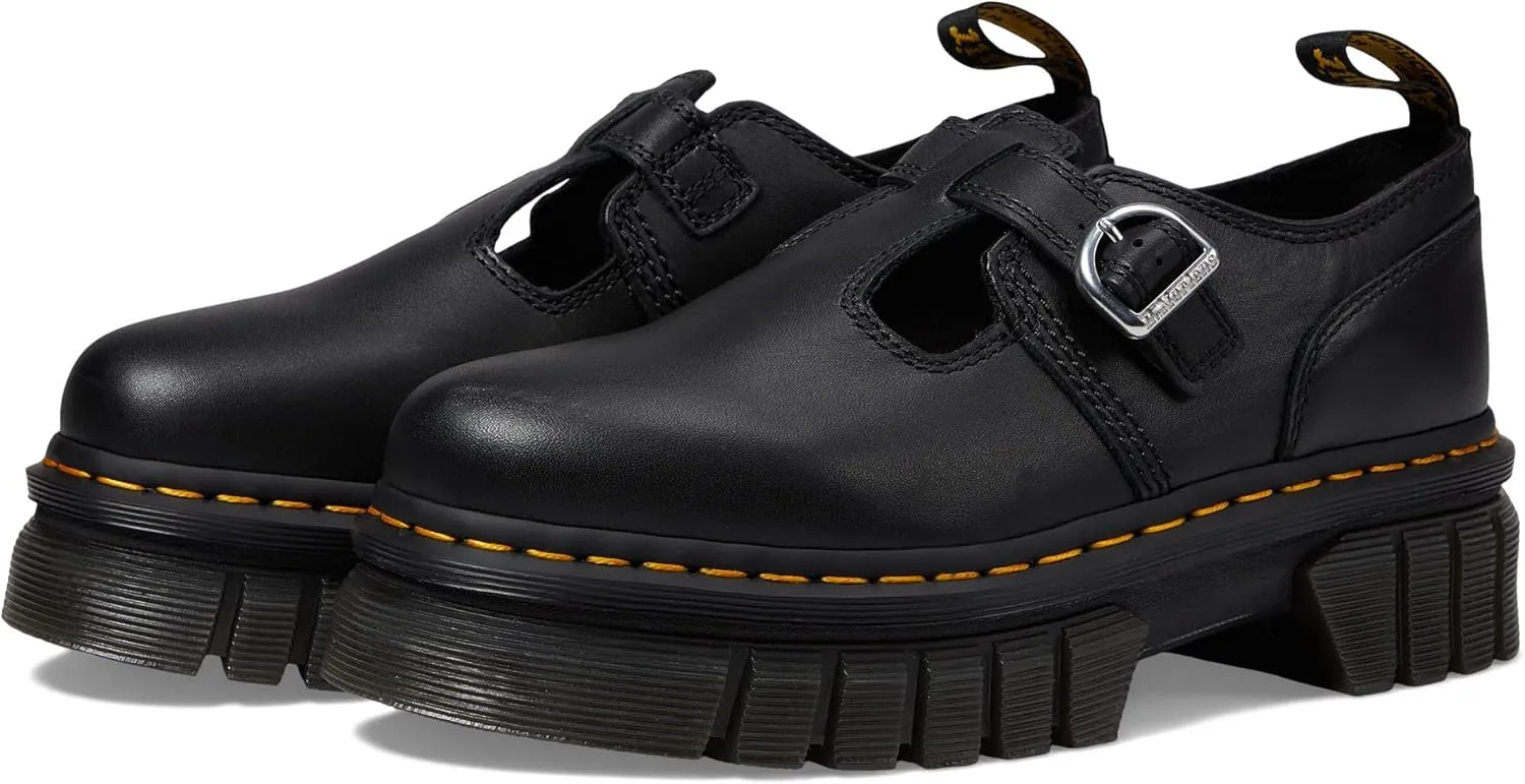 Dr. Martens Audrick T Bar Women’s Platform Loafers – Leather Upper – Buckle Strap Closure – Chunky Heel