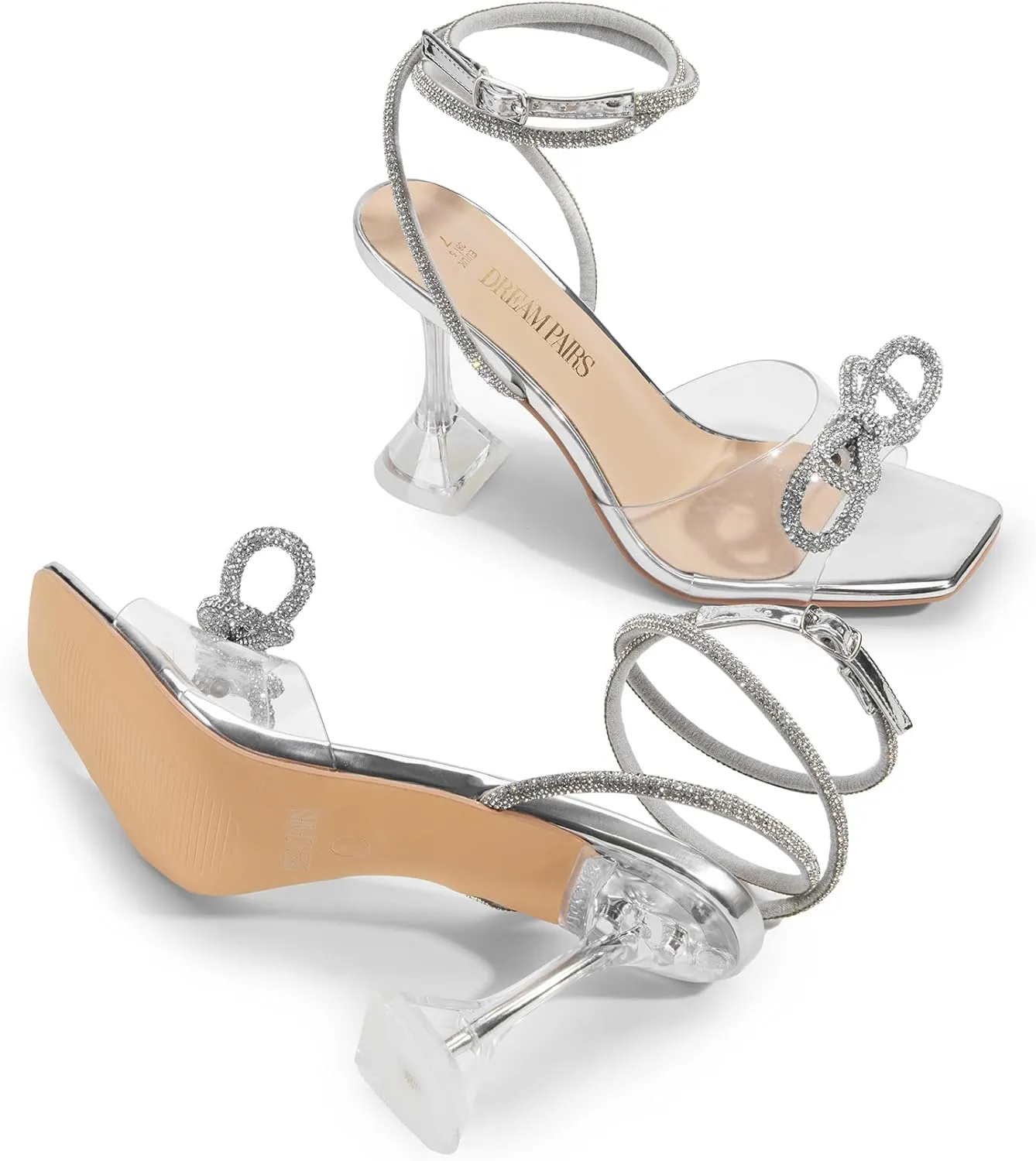 DREAM PAIRS Stiletto Bow Heels for Women Strappy Sparkly Rhinestone Square Toe Clear Crystal High Sandals for Party Wedding
