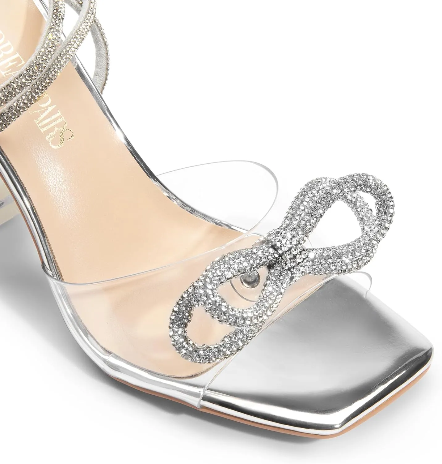 DREAM PAIRS Stiletto Bow Heels for Women Strappy Sparkly Rhinestone Square Toe Clear Crystal High Sandals for Party Wedding