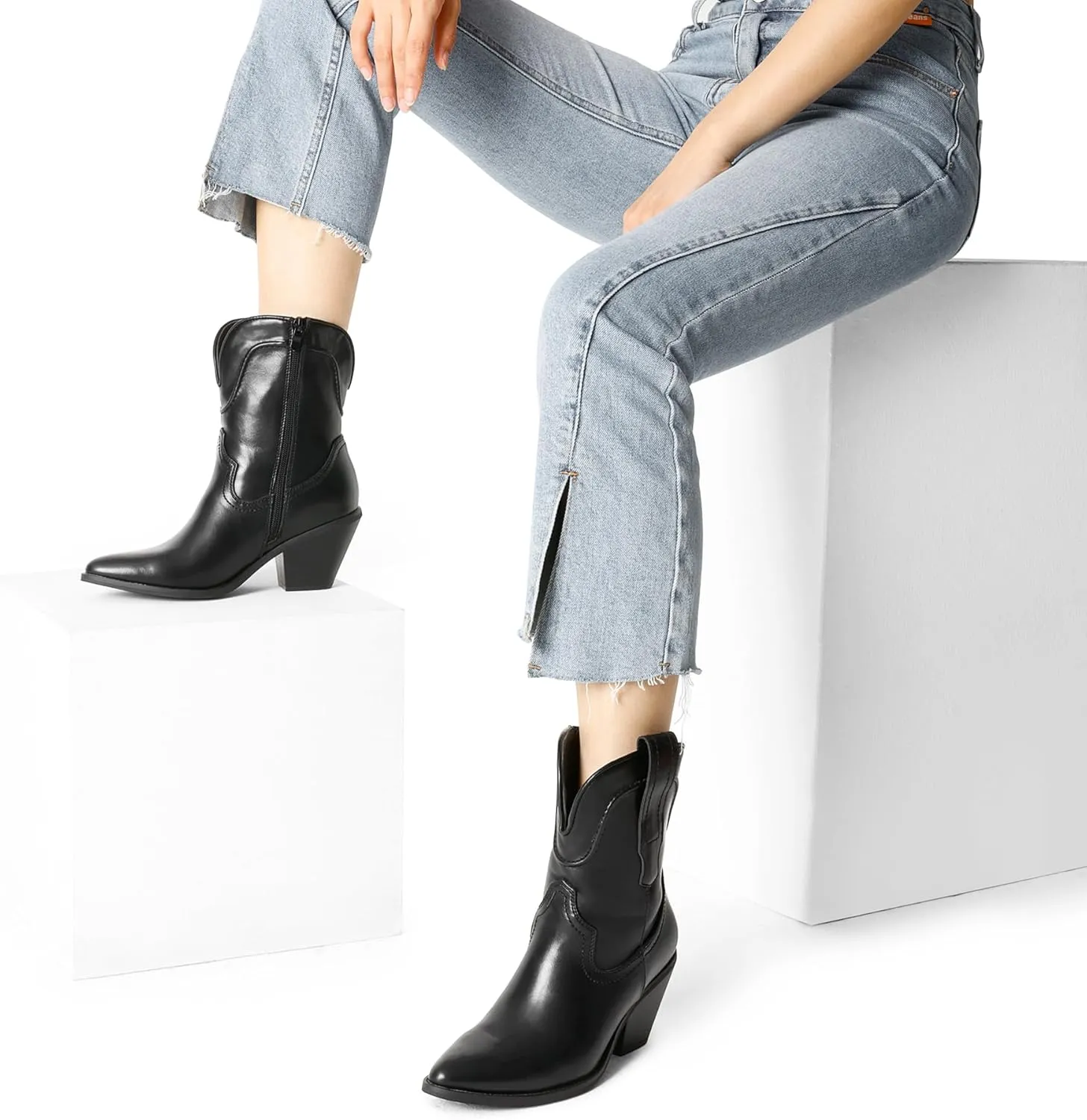 DREAM PAIRS Women's Cowboy Ankle Boots Western Booties Low Heel Pointed Toe Cowgirl Boots