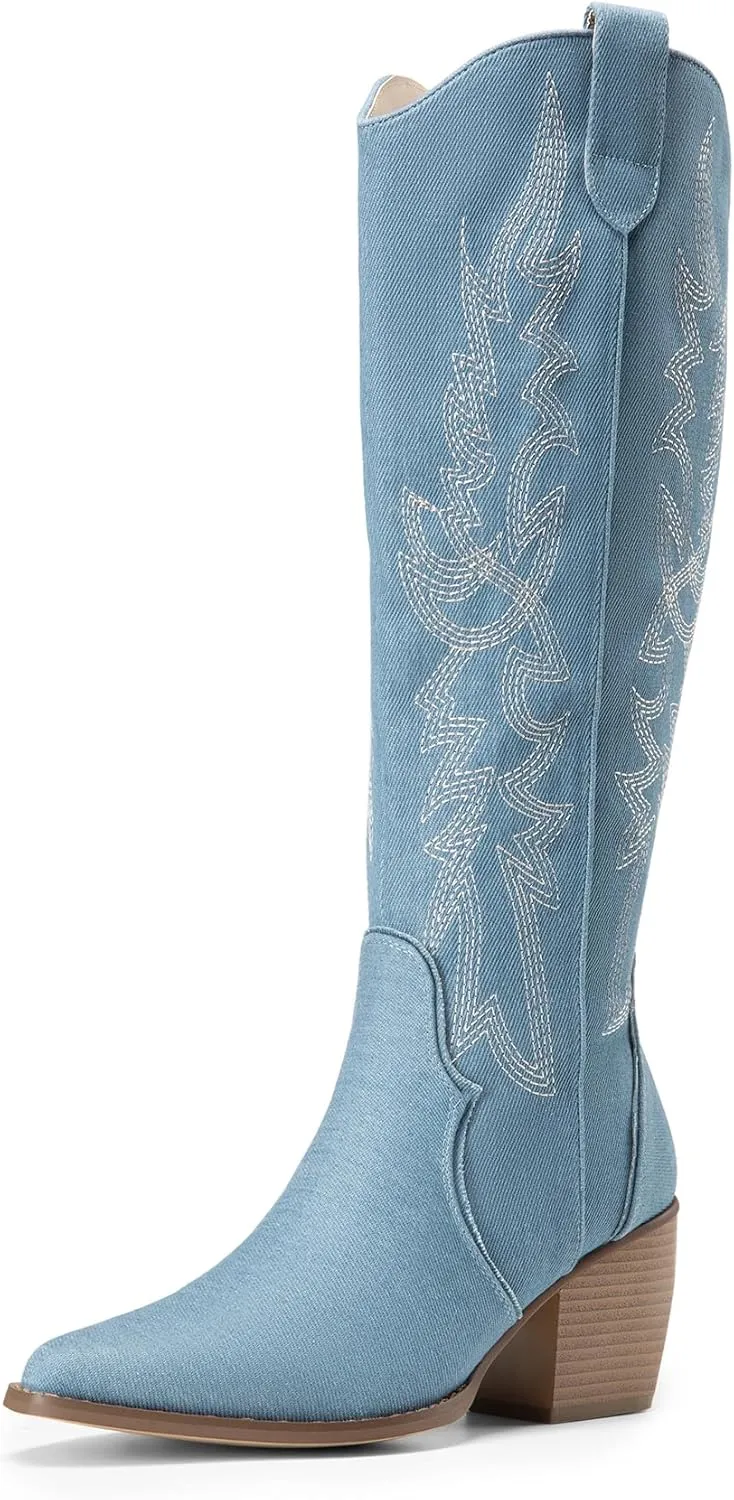 DREAM PAIRS Womens Cowboy Boots Wide Calf Comfortable Pull On Zipper Chunky Heel Pointed Toe Embroidered Western Cowgirl Knee High Boots Girls Ladies Retro Tall Boot