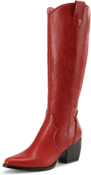 DREAM PAIRS Womens Cowboy Boots Wide Calf Comfortable Pull On Zipper Chunky Heel Pointed Toe Embroidered Western Cowgirl Knee High Boots Girls Ladies Retro Tall Boot