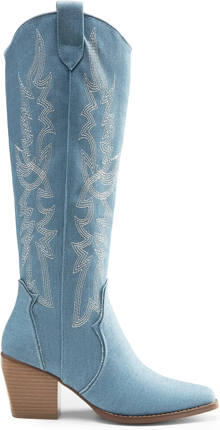 DREAM PAIRS Womens Cowboy Boots Wide Calf Comfortable Pull On Zipper Chunky Heel Pointed Toe Embroidered Western Cowgirl Knee High Boots Girls Ladies Retro Tall Boot