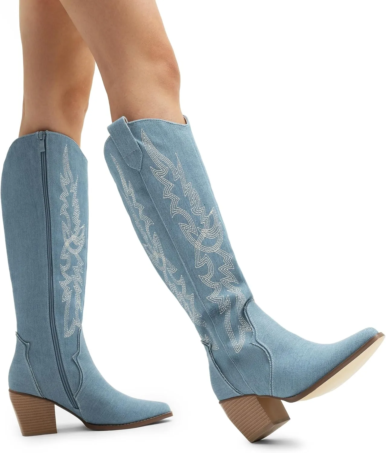 DREAM PAIRS Womens Cowboy Boots Wide Calf Comfortable Pull On Zipper Chunky Heel Pointed Toe Embroidered Western Cowgirl Knee High Boots Girls Ladies Retro Tall Boot