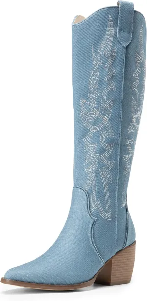 DREAM PAIRS Womens Cowboy Boots Wide Calf Comfortable Pull On Zipper Chunky Heel Pointed Toe Embroidered Western Cowgirl Knee High Boots Girls Ladies Retro Tall Boot