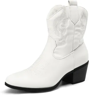 DREAM PAIRS Women's Western Cowboy Cowgirl Embroidered Ankle Boots Fashion Low chunky Heel Round Toe Fall Short Booties Shoes