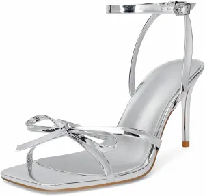 Dsevht Gold Bow Heels for Women Sexy Stiletto Strappy Heeled Sandals Square Open Toe Bow Knot Metallic Slingback Heels Dress Shoes