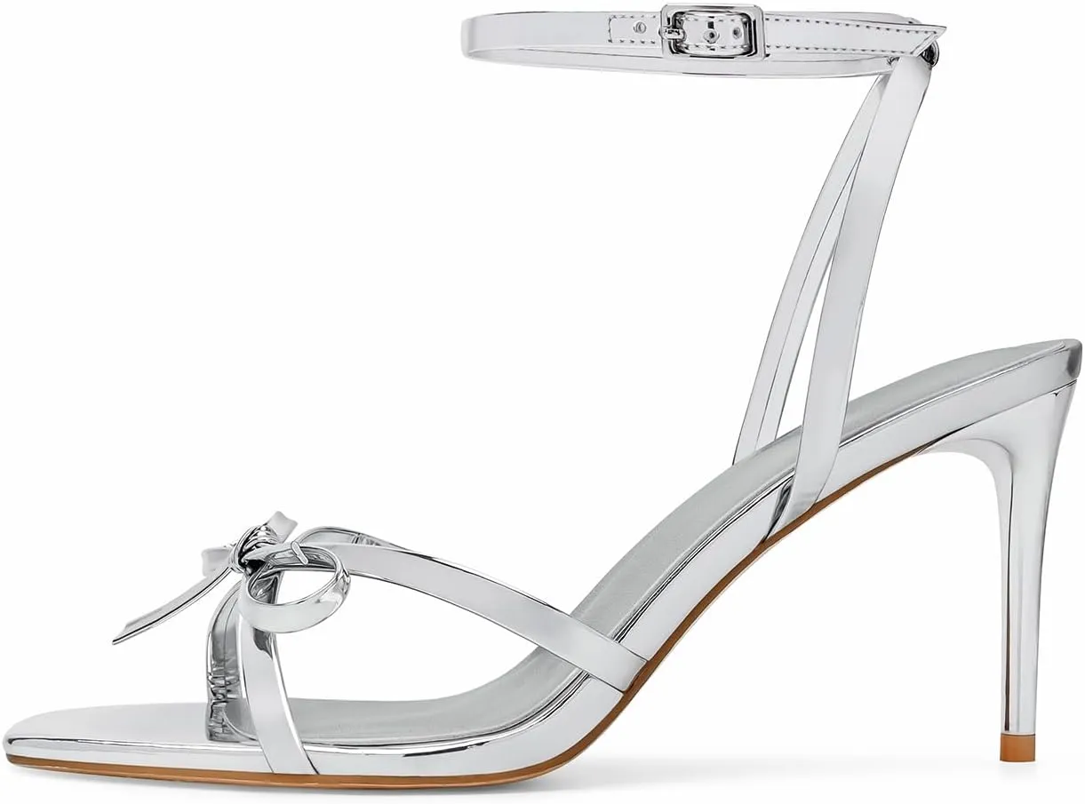 Dsevht Gold Bow Heels for Women Sexy Stiletto Strappy Heeled Sandals Square Open Toe Bow Knot Metallic Slingback Heels Dress Shoes