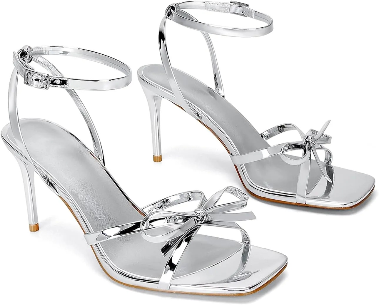 Dsevht Gold Bow Heels for Women Sexy Stiletto Strappy Heeled Sandals Square Open Toe Bow Knot Metallic Slingback Heels Dress Shoes