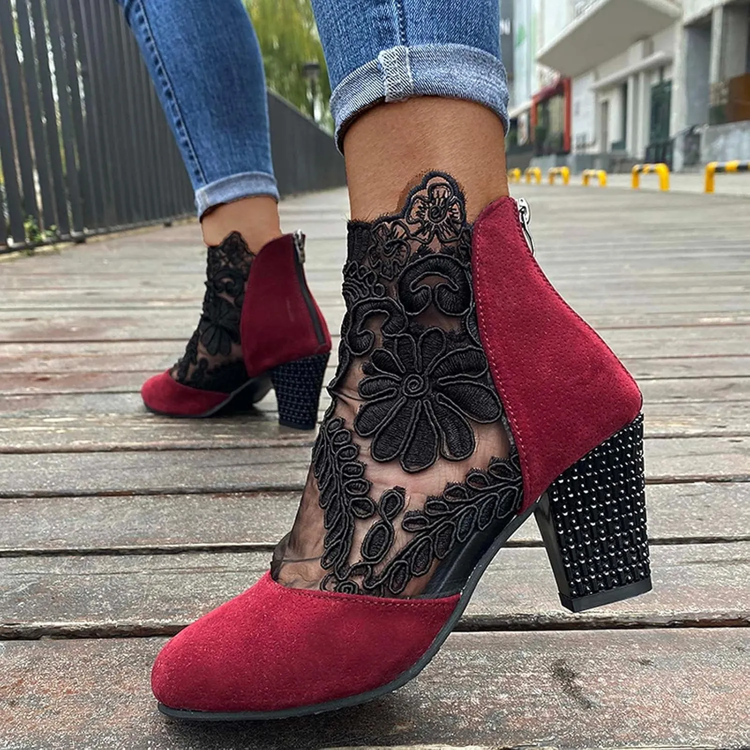 Eduavar Sandals for Women 2023, Sandals Women Dressy Summer Heel Sandals Lace Floral Close Toed Zip Up Sandals