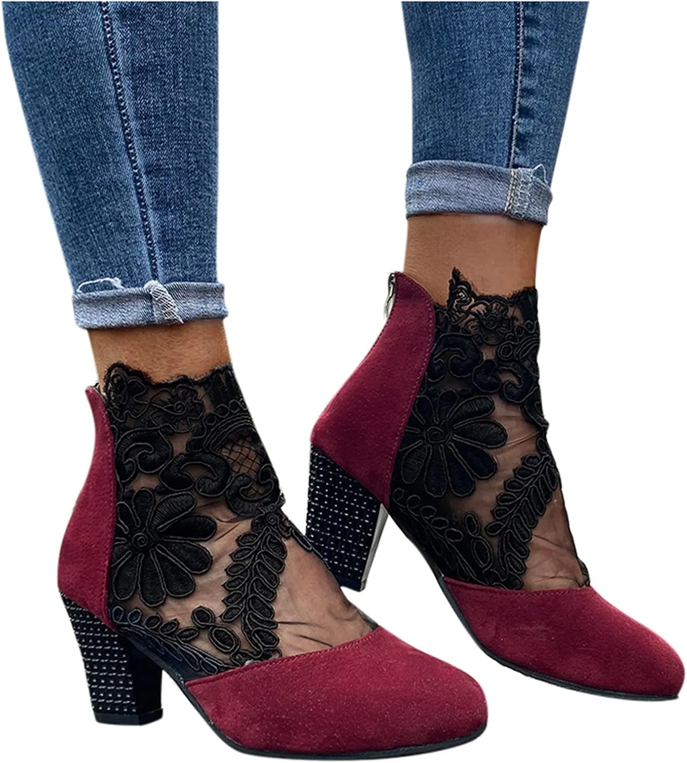 Eduavar Sandals for Women 2023, Sandals Women Dressy Summer Heel Sandals Lace Floral Close Toed Zip Up Sandals