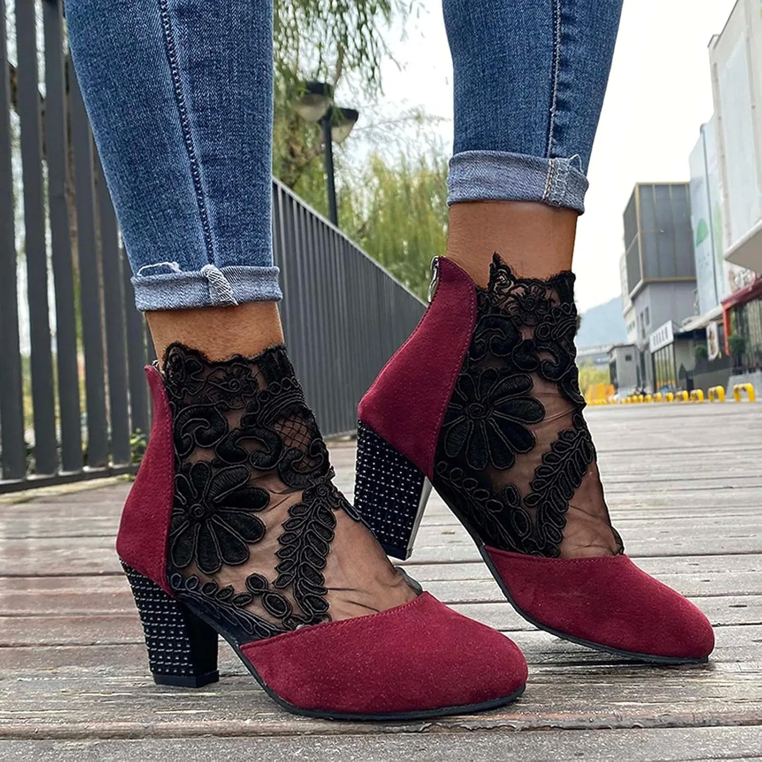 Eduavar Sandals for Women 2023, Sandals Women Dressy Summer Heel Sandals Lace Floral Close Toed Zip Up Sandals