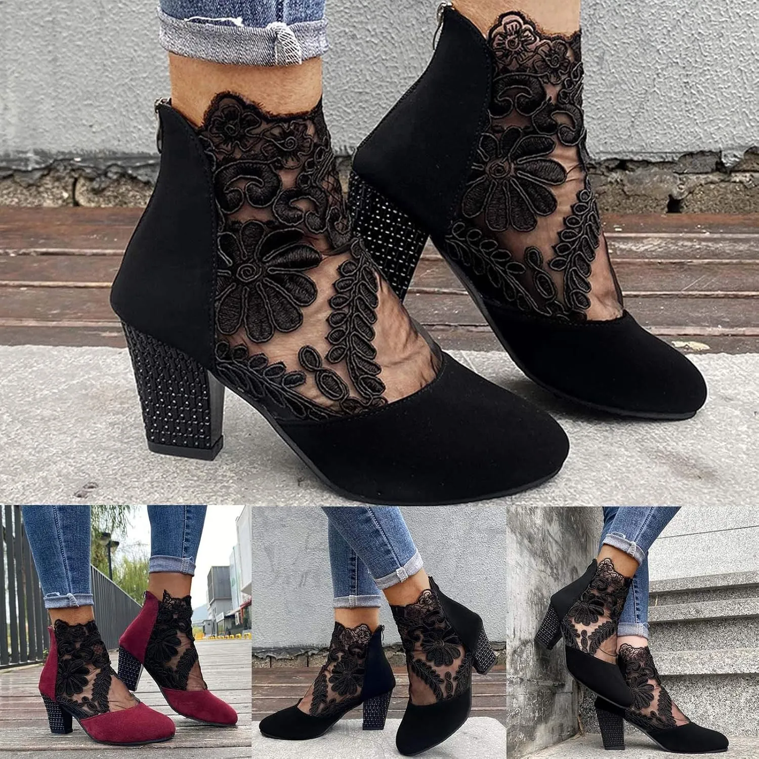 Eduavar Sandals for Women 2023, Sandals Women Dressy Summer Heel Sandals Lace Floral Close Toed Zip Up Sandals