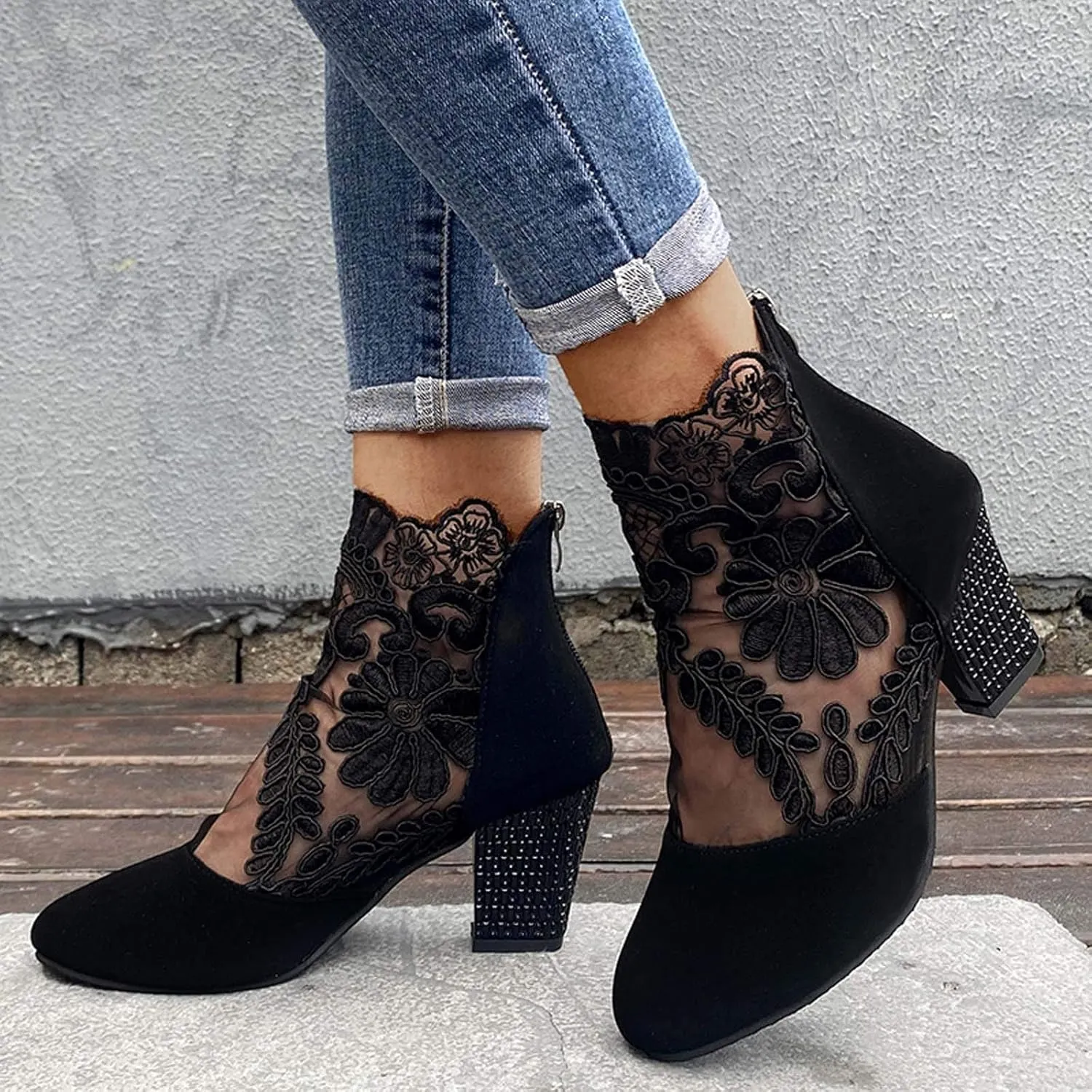 Eduavar Sandals for Women 2023, Sandals Women Dressy Summer Heel Sandals Lace Floral Close Toed Zip Up Sandals