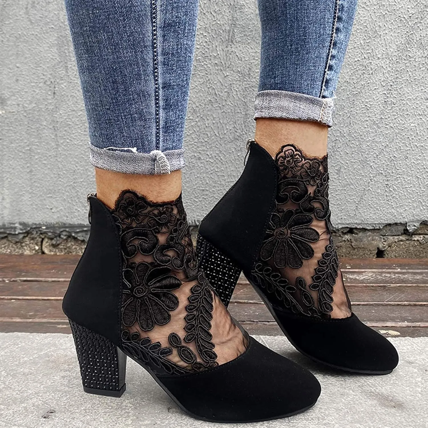 Eduavar Sandals for Women 2023, Sandals Women Dressy Summer Heel Sandals Lace Floral Close Toed Zip Up Sandals