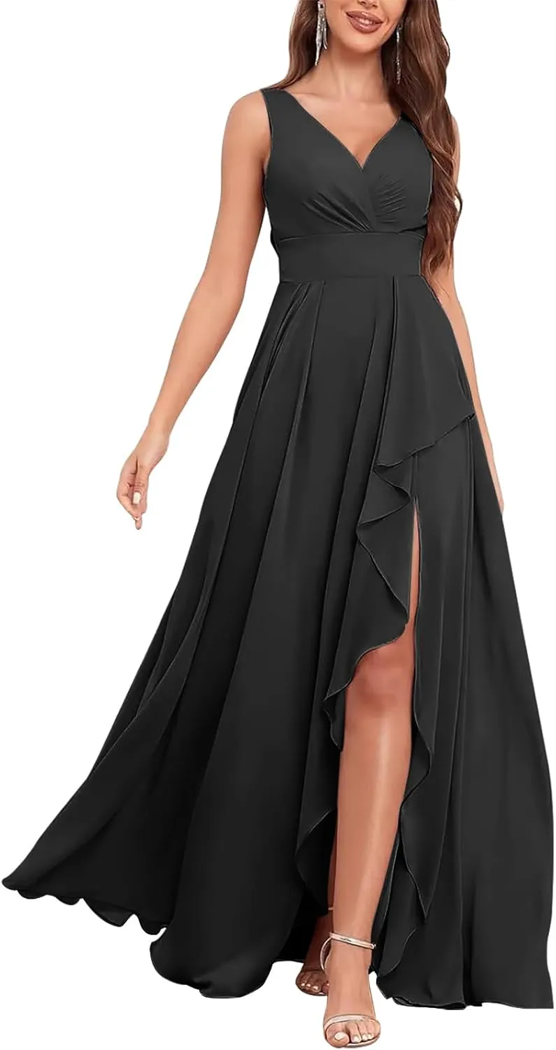 Elegant Chiffon Deep V-Neck Slit Dress - Flowy Layered Ruffled Maxi Gown, Slim-Fit High-Lash Asymmetrical Hem