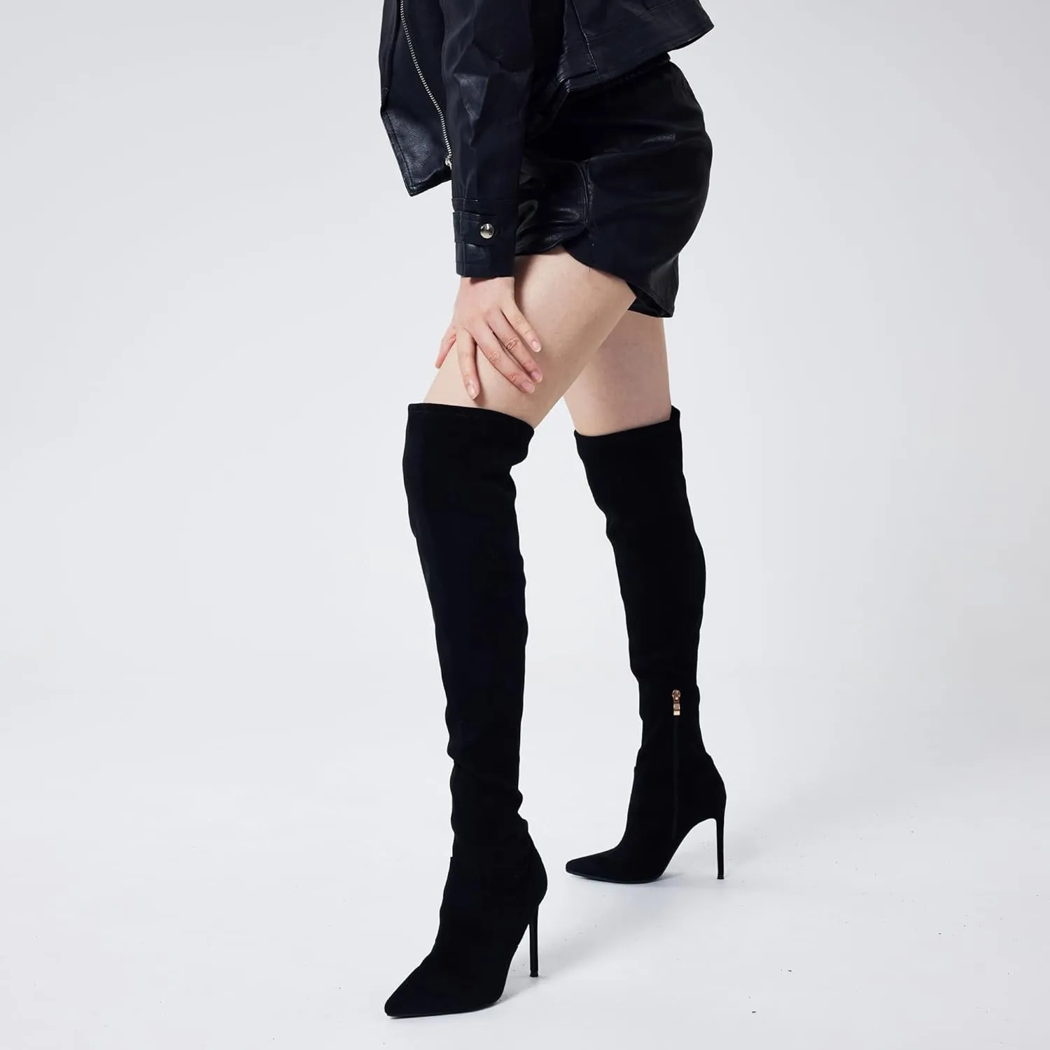 Elisabet Tang Thigh High Boots Over the Knee Boots for Women,Sexy 4.3 inch Stilettos High Heels Boots Stretch Suede Long Pointed Toe Shoes