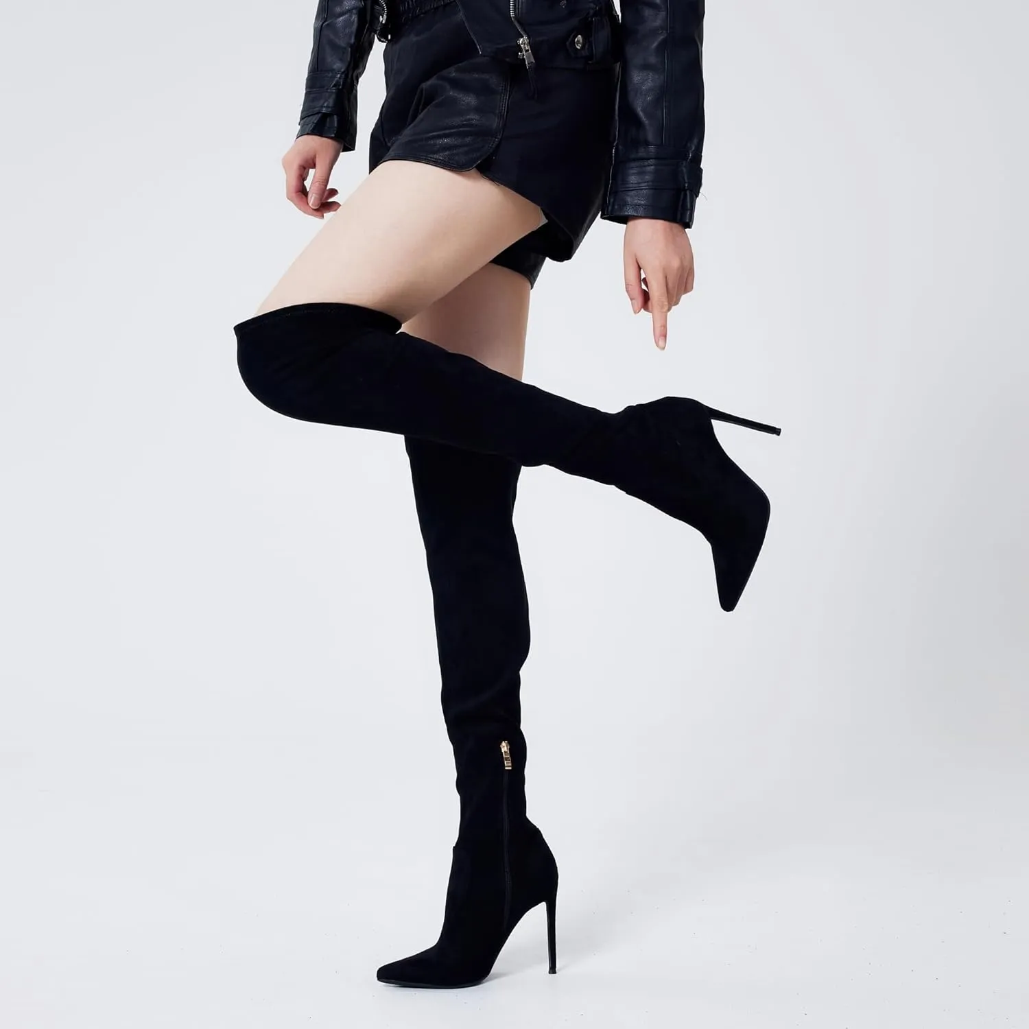 Elisabet Tang Thigh High Boots Over the Knee Boots for Women,Sexy 4.3 inch Stilettos High Heels Boots Stretch Suede Long Pointed Toe Shoes