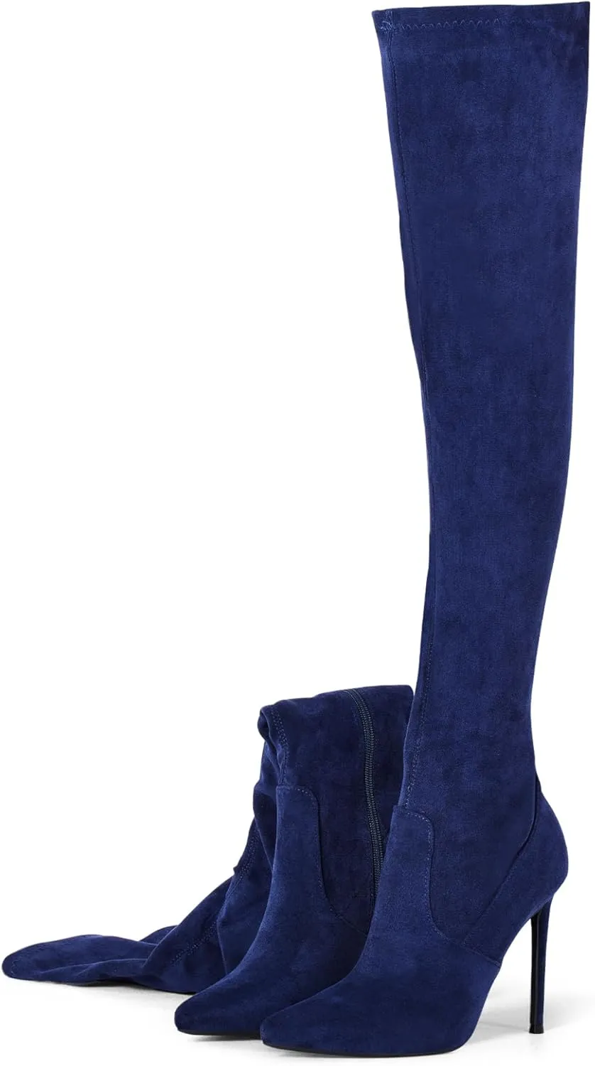 Elisabet Tang Thigh High Boots Over the Knee Boots for Women,Sexy 4.3 inch Stilettos High Heels Boots Stretch Suede Long Pointed Toe Shoes