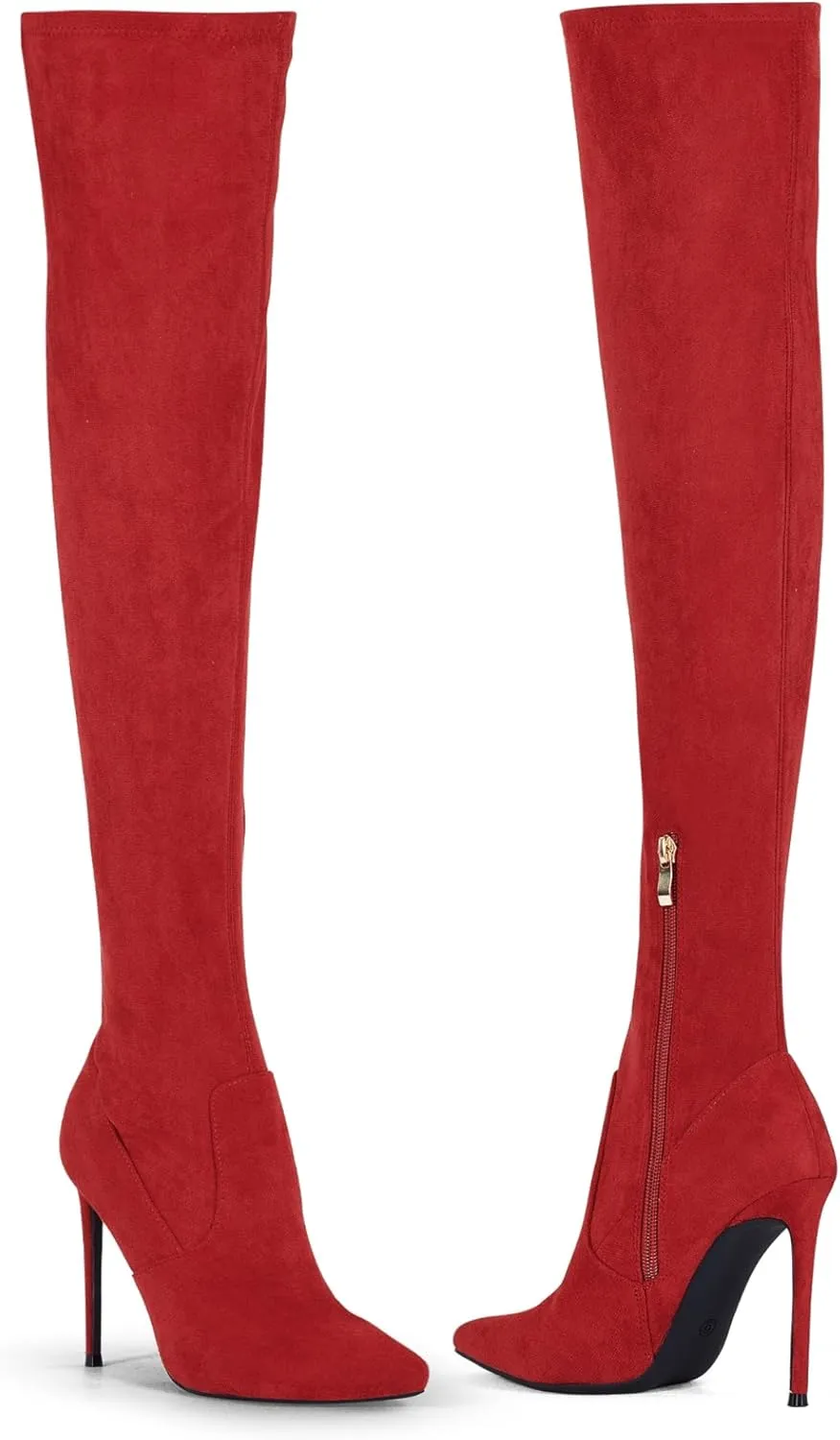 Elisabet Tang Thigh High Boots Over the Knee Boots for Women,Sexy 4.3 inch Stilettos High Heels Boots Stretch Suede Long Pointed Toe Shoes