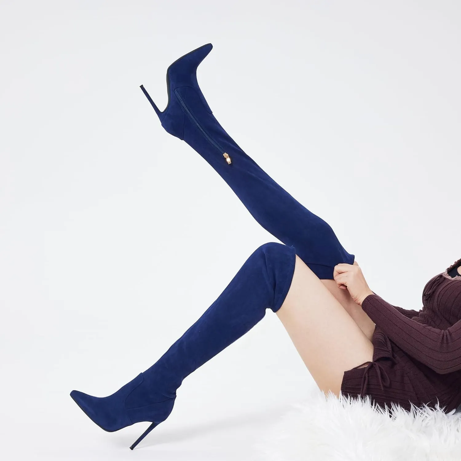 Elisabet Tang Thigh High Boots Over the Knee Boots for Women,Sexy 4.3 inch Stilettos High Heels Boots Stretch Suede Long Pointed Toe Shoes