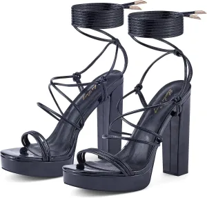 Elisabet Tang Women's Strappy Heeled Sandals, 5 inch Platform Heels Chunky Lace up High Heels Open Toe Party Shoes