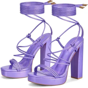 Elisabet Tang Women's Strappy Heeled Sandals, 5 inch Platform Heels Chunky Lace up High Heels Open Toe Party Shoes