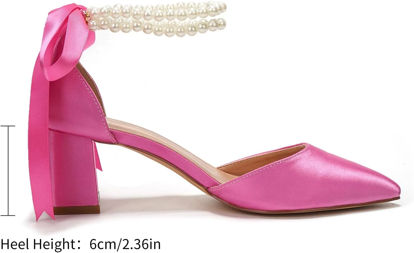 Elivandon J1585 Women's Satin Pointed Toe Mid-Heel Evening Sandals 2.36 inches Block Heel Bridal Party Wedding Pumps with Double Pearl Strap
