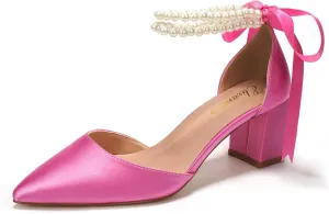 Elivandon J1585 Women's Satin Pointed Toe Mid-Heel Evening Sandals 2.36 inches Block Heel Bridal Party Wedding Pumps with Double Pearl Strap