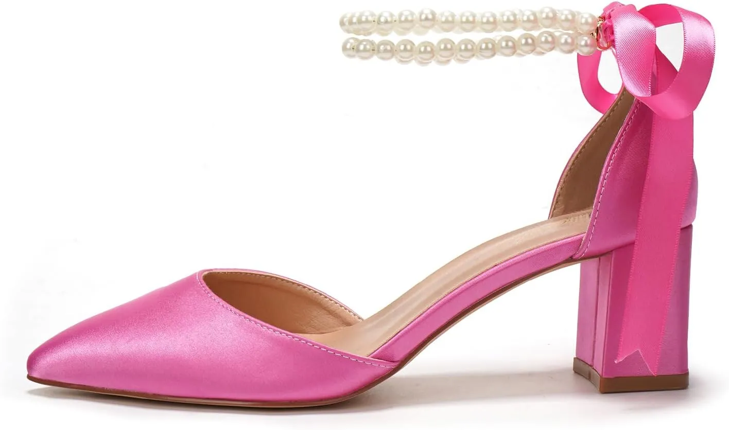 Elivandon J1585 Women's Satin Pointed Toe Mid-Heel Evening Sandals 2.36 inches Block Heel Bridal Party Wedding Pumps with Double Pearl Strap